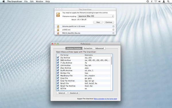 Screenshot che mostra il funzionamento dell'app The Unarchiver su OS X